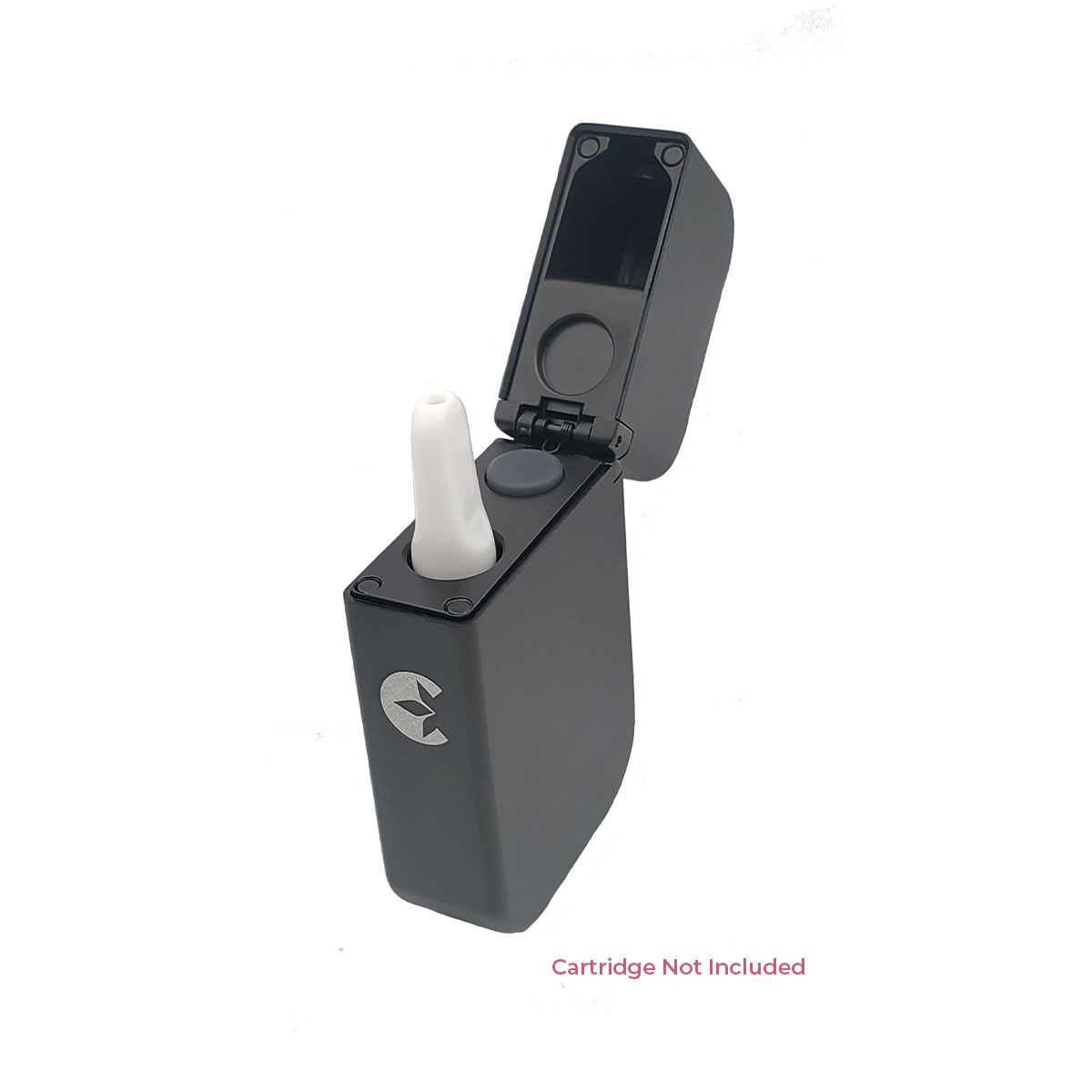 Cipher Stealth vape cartridge battery with cover open and oil cartridge installed