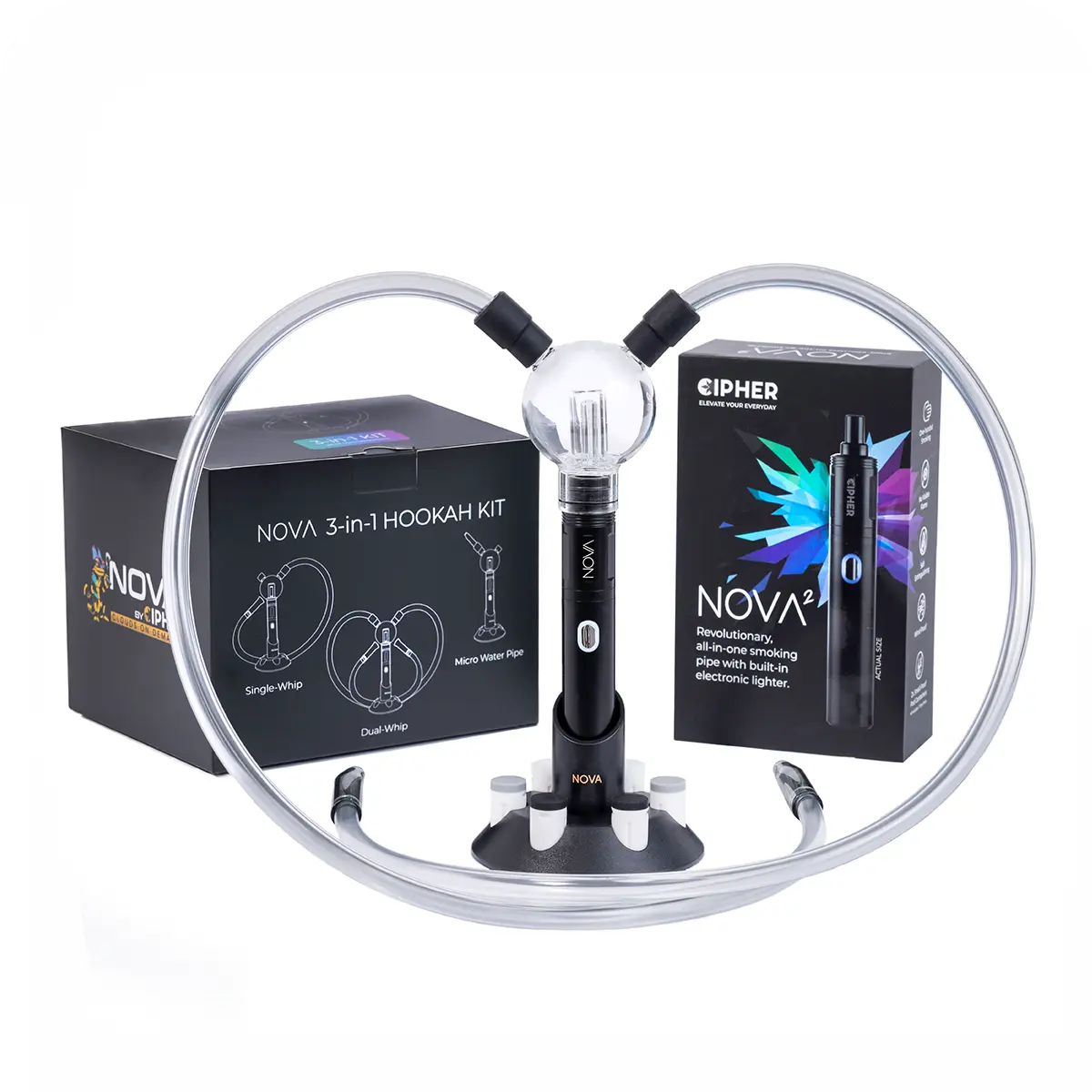 Cipher NOVA electric smoking pipe configured as a dual-whip electric hookah or dual-whip electric bong